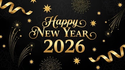 Elegant new year 2026 celebration background with gold decorations and glittering fireworks