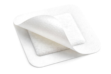 White adhesive medical wound dressing being applied for post-surgical care and professional healthcare skin protection in clinical and pharmaceutical environments.