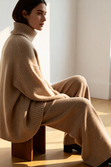 A chic woman relaxes in a cozy beige oversized turtleneck and knit pants. Minimalist autumn/winter fashion concept in soft, natural sunlight.