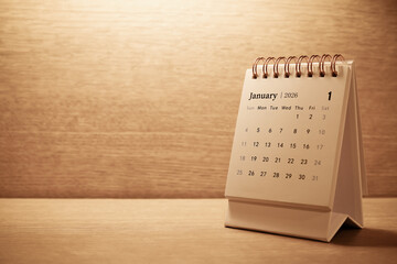 Calendar page of January 2026 on desk, with copy space. monthly planning concept, important schedules, meetings, and appointments.
