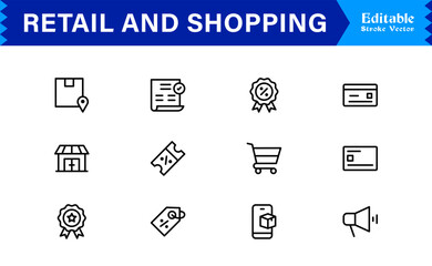 Retail And Shopping line icon set featuring editable, pixel-perfect icons with a professional, modern, and minimal style. Ideal for commerce and consumer-focused projects.