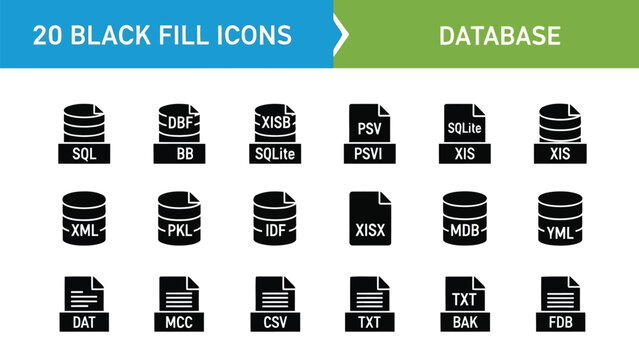 Collection of twenty black database icons representing various data file types