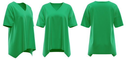 T-Shirt V-Neck Short Sleeve, Loose Fit Hi-Low Hem, Plain Blank Apparel, Mockup Ready, Green Color 