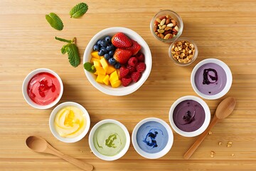 Colorful yogurt parfait ingredients