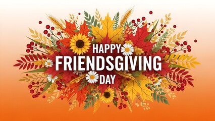 Happy Friendsgiving Day with Festive Autumn Foliage and Bright Floral Accents