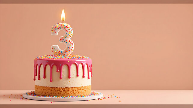 Pink 3rd birthday cake with number candle on cream background - ideal for toddler milestone celebrations, third anniversary invites, and festive bakery branding.