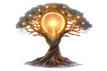 Tree of life with glowing golden portal, a mystical ancient symbol of wisdom, growth, and eternity on transparent background