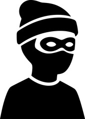Criminal man in mask and beanie hat close up. Thief or robber concept. Black silhouette vector illustration for icon, symbol, avatar