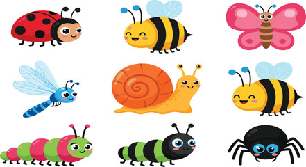 Set of Cute Cartoon Insect Characters Including Ladybug Bee Butterfly Dragonfly Snail Caterpillar and Spider for Children Education and Nursery Decor © Sahidul