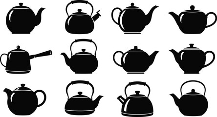 Set of teapot silhouettes and tea kettle icons for kitchen equipment, kitchenware collection in cad drawing style, flat vector illustration isolated on white.