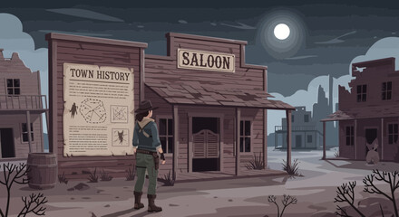 Lone Figure Contemplates Town History Outside a Desert Saloon.