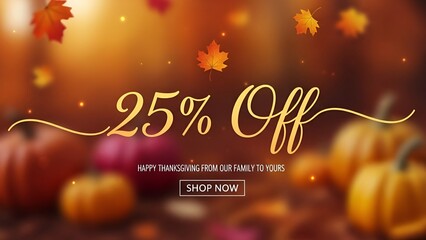 Thanksgiving promotional background with twenty-five percent off sale and festive autumn elements