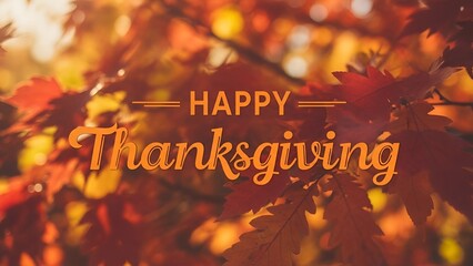 Warm autumnal greeting of happy thanksgiving among vibrant leaves and bokeh lights