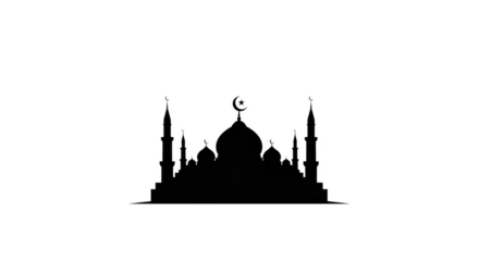 Png isolated transparent background White outline of a mosque with domes and minarets on a black background