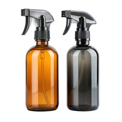 3d amber and smoked glass spray bottles with triggers isolated on transparent background