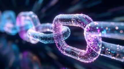 Glowing digital chain links with neon particles,blockchain technology concept,cryptocurrency security network,cyber data protection,decentralized finance background,virtual connect