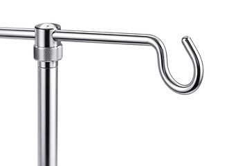 Chrome plated stainless steel IV pole hook and stand for intravenous fluid administration and medical infusion equipment management in professional hospital and clinic environments.