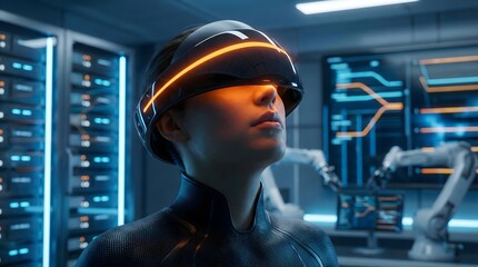 Futuristic woman wearing virtual reality headset in server room,concept of metaverse technology,cyber security,digital transformation,artificial intelligence,future automation and robotics.