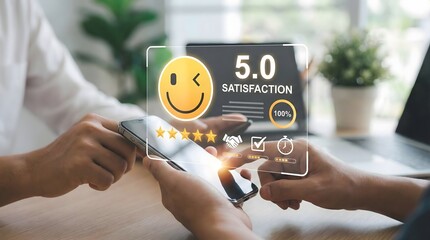 Customer holding smartphone with holographic five star rating,concept of service satisfaction,positive user experience review,feedback survey,quality assurance,business reputation.