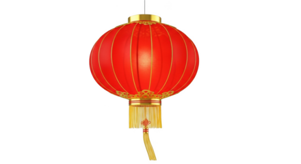 Red and gold Chinese lantern with tassel hanging against png isolated transparent background black background