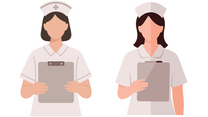 Obraz premium Professional female nurse characters holding medical clipboards for clinical staff administration and hospital business management services for modern healthcare enterprise operations.