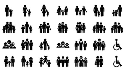 Family silhouettes vector set showing parents and children as simple people icons in a clean design