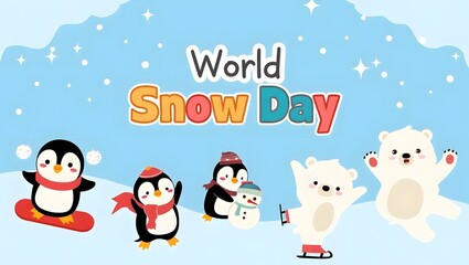 Fototapeta premium World snow day with penguins and polar bears