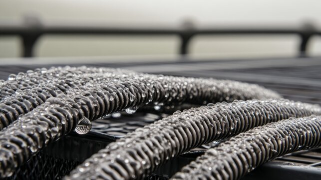 Industrial cooling unit with water droplets condensed on metallic surface, winding pipes in foreground, industrial aesthetic, reflective metal textures, shallow depth of field