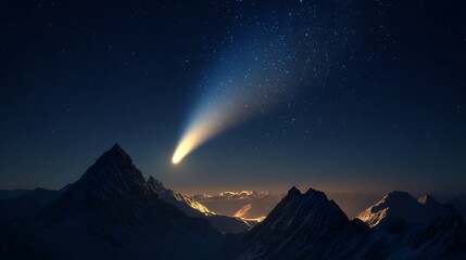 A luminous celestial body streaks across a dark night sky, above snow-capped mountain peaks
