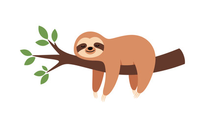 Obraz premium Cute sloth sleeping peacefully while hanging onto a brown tree branch with green leaves on a white background.