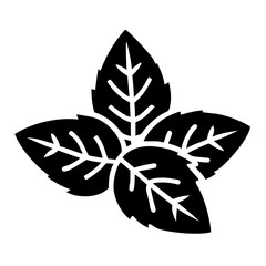 Stylized black icon of fresh herbs or mint leaves with detailed veins