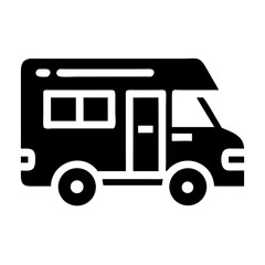Black and white icon of a recreational vehicle or camper van representing travel and adventure