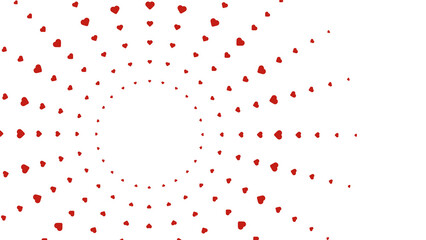 Abstract radial heart pattern forming a circular burst design in red on a white background, symbolizing love, romance, and dynamic Valentine-themed decoration.