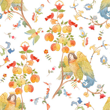 Whimsical Slavic mythology seamless pattern featuring the Alkonost, a legendary bird with a human face from Russian folklore. Vintage fairytale illustration with ornate branches and floral motifs