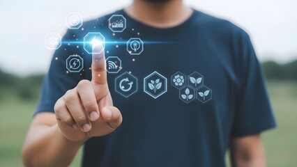 Man interacting with futuristic digital interface on his t shirt