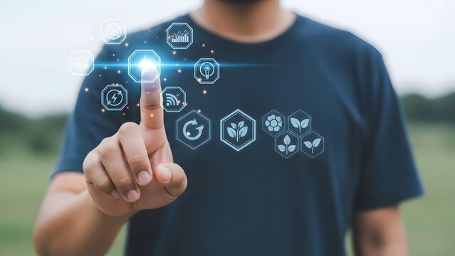 Man interacting with futuristic digital interface on his t shirt - Powered by Adobe