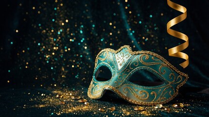 Vibrant blue and gold masquerade mask with glittering confetti