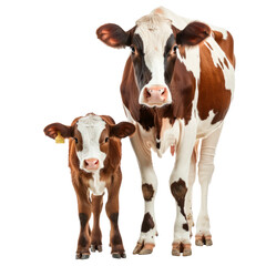 Realistic cow and young calf side by side in natural pose isolated on transparent background for agricultural and livestock use.