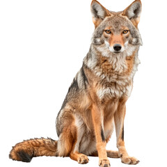 Realistic coyote sitting in alert pose with detailed fur texture isolated on transparent background for wildlife and nature projects.
