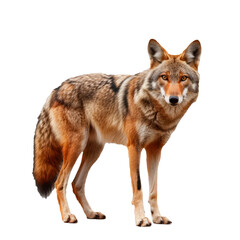 Realistic coyote standing in full body view, wild animal isolated on transparent background