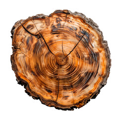 Cross section of tree trunk with warm orange wood grain, detailed growth rings isolated on transparent background.