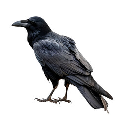 Realistic black crow standing in profile view, detailed feathers isolated on transparent background.