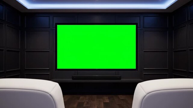 Modern Home Theater Room with Green Screen TV Display