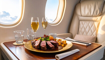 Business class meal with steak and champagne on plane. Luxury airline catering service for passenger during comfortable flight. First class travel concept with food and drink by airplane window
