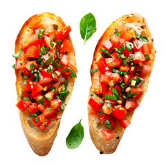 Tomato bruschetta bread slices with basil top view in realistic style isolated on transparent background