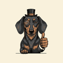 Charming Dachshund Gentleman Character Wearing a Top Hat and Monocle, Giving a Confident Thumbs-Up Gesture - Whimsical Canine Portrait Illustration