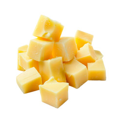 Heap of yellow melted cheese cubes with glossy surface isolated on transparent background