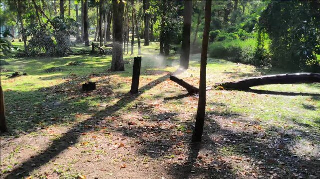 sprinkler spraying water on lawn yard in the park