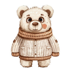 Cute teddy bear character wearing a knitted sweater in detailed cartoon illustration style isolated on transparent background