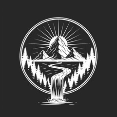 Obraz premium Monochrome circular emblem of majestic mountains, radiant sun, flowing waterfall, forest, symbolizing nature's power and adventure